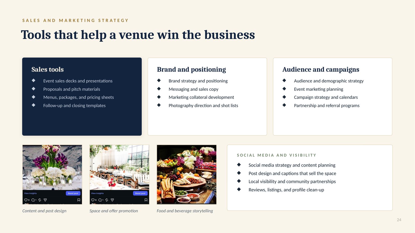 Capabilities deck slide titled Tools That Help a Venue Win the Business, covering sales tools, brand and positioning, audience and campaigns, and social media