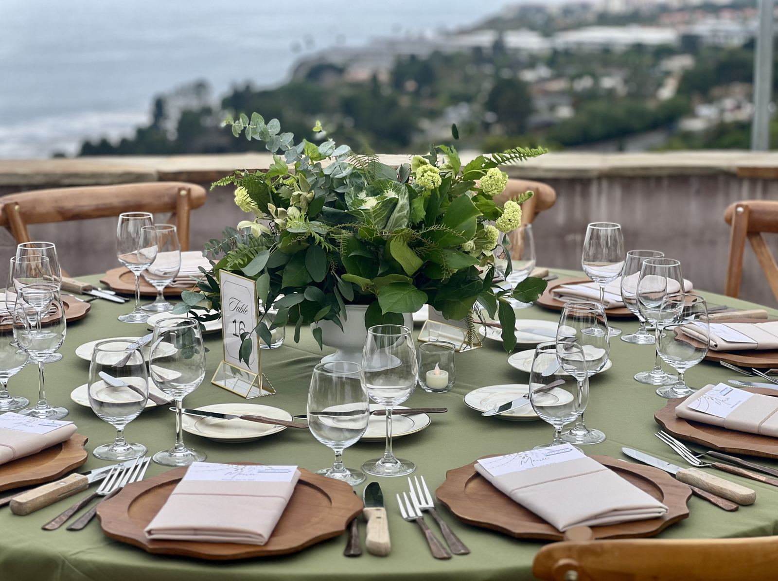 Oceanview tablescape with garden florals